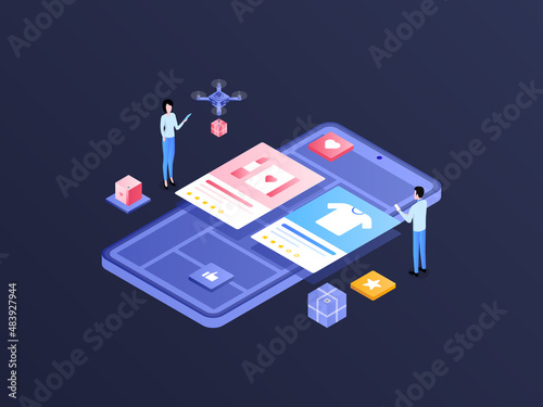 E-Commerce Rating Isometric Illustration Dark Gradient. Suitable for Mobile App, Website, Banner, Diagrams, Infographics, and Other Graphic Assets.