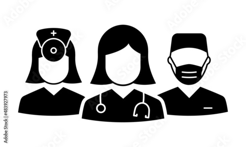 Team of Medic Professional Doctors Silhouette Icon. Male and Female Physicians Specialist, Otolaryngologist and Surgeon Pictogram. Assistants and Nurse Black Icon. Isolated Vector Illustration