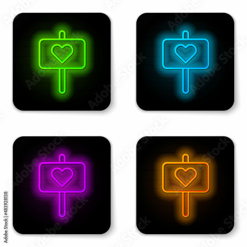 Glowing neon line Peace icon isolated on white background. Hippie symbol of peace. Black square button. Vector