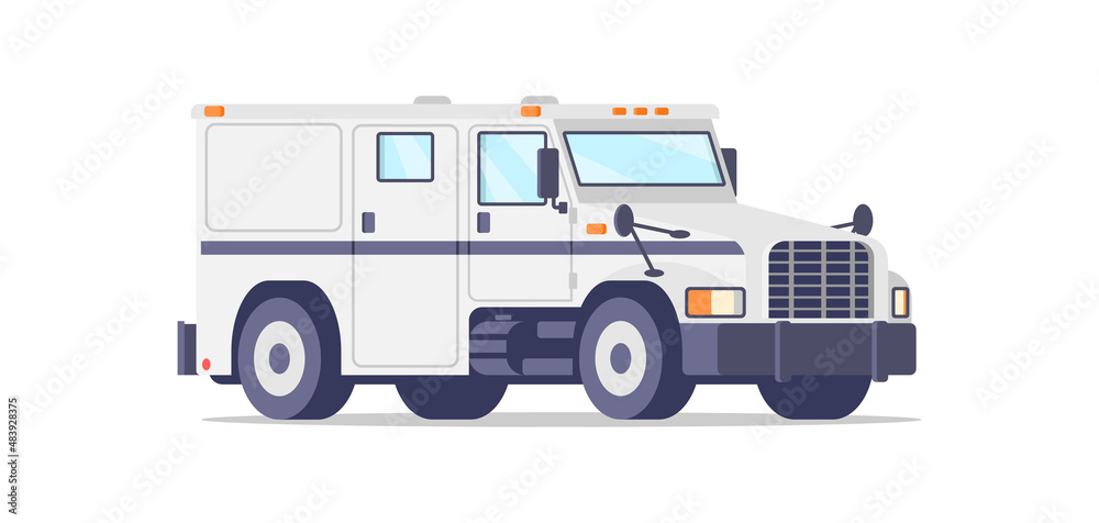 Armored urban SUV police patrol with blue stripe vector illustration. Government aid emergency city protection car isolated on white. Social security service transportation for passenger delivery