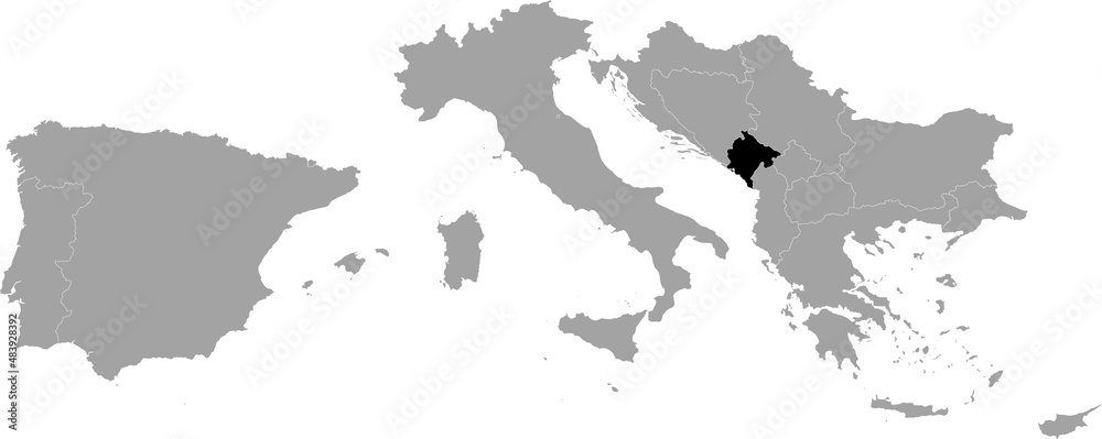 Obraz premium Black Map of Montenegro within the gray map of South Europe