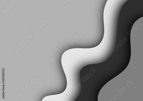 Monotone 3D papercut abstract background vector. Organic curve graphic with black, white and grey color. Carving craft art, wave layer shape, modern geometric pattern for cover and backdrop. 