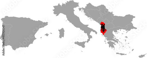 Map of Albania with national flag within the gray map of South Europe