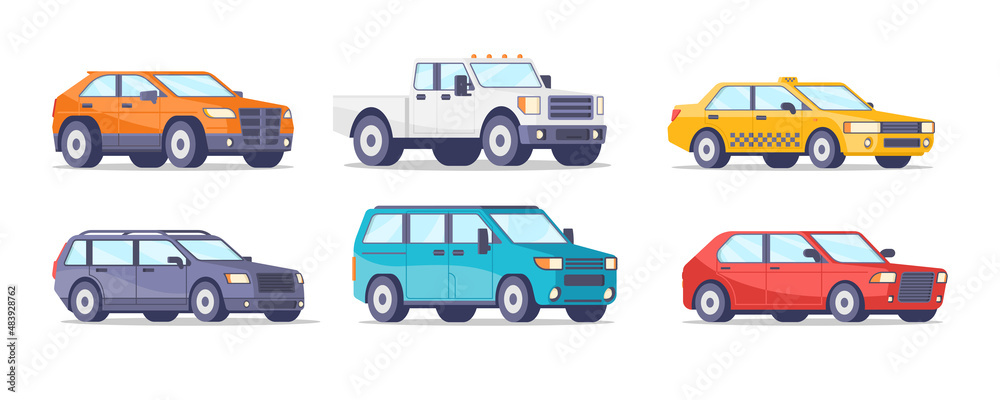 Naklejka premium Collection different modern and retro automobile isometric vector illustration. Set of motor transportation service and personal passenger carrying isolated. SUV, taxi, car, auto, van travel moving