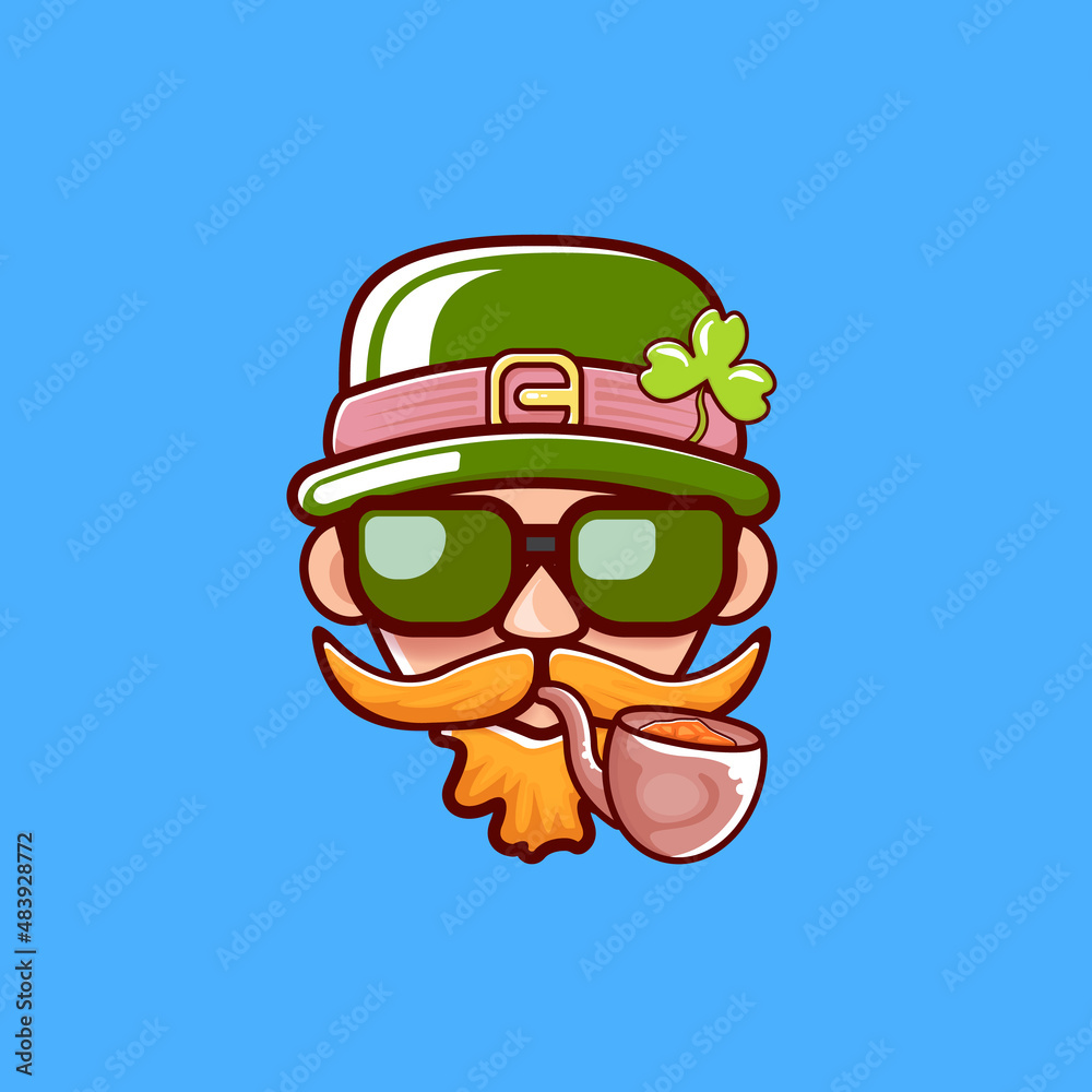Saint Patricks Day greeting card. Irish Leprechaun with green hat, red mustache, beard, smoking pipe and funky hipster sunglasses isolated on blue. Saint Patrick label or line art cartoon style icon. Saint Patricks Day greeting card. Irish Leprechaun with green hat, red mustache, beard, smoking pipe and funky hipster sunglasses isolated on blue. Saint Patrick label or line art cartoon style icon.