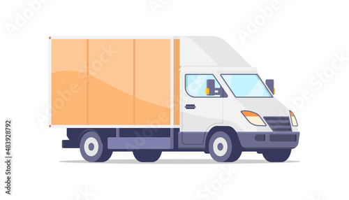 Yellow and white van commercial delivery truck isometric vector illustration. Cargo freight lorry goods shipping service isolated. Business vehicle with container for comfortable express transporting