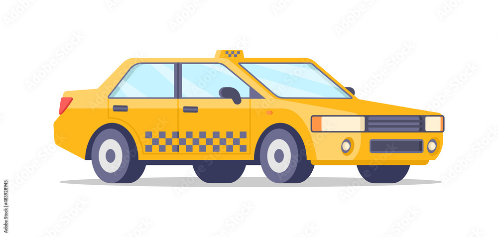 Traditional yellow ornamental taxi car isometric vector illustration. Commercial passenger transportation service automobile isolated on white. City travel cab vehicle with wheels, windows, checker