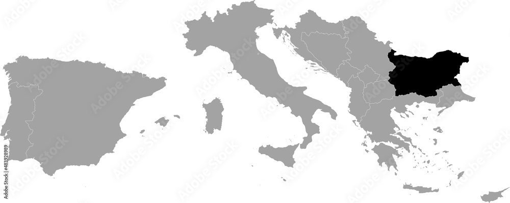 Obraz premium Black Map of Bulgaria within the gray map of South Europe
