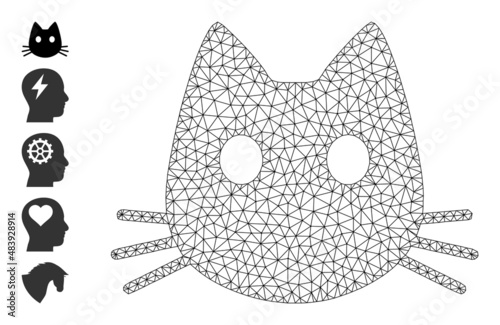 Vector cat head mesh icon model. Abstract 2d mesh cat head, created from flat mesh. Mesh wireframe cat head icon image in lowpoly style with connected lines and similar objects.