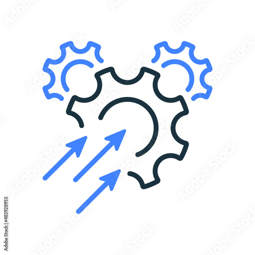 Efficiency, Operational and Production Growth Line Icon. Productivity Industry Process and Business Efficacy Optimize Outline Icon. Gear with Increase Arrow. Editable Stroke. Vector Illustration