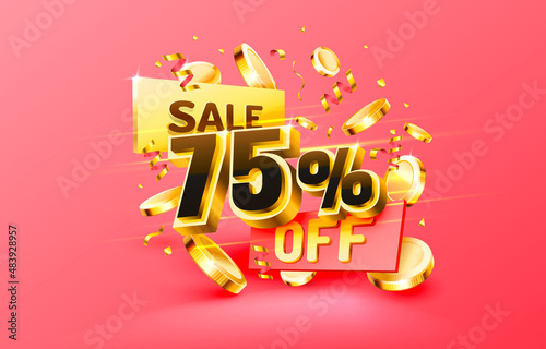 75 Off. Discount creative composition. 3d sale symbol with decorative objects, golden confetti, podium and gift box. Sale banner and poster. Vector