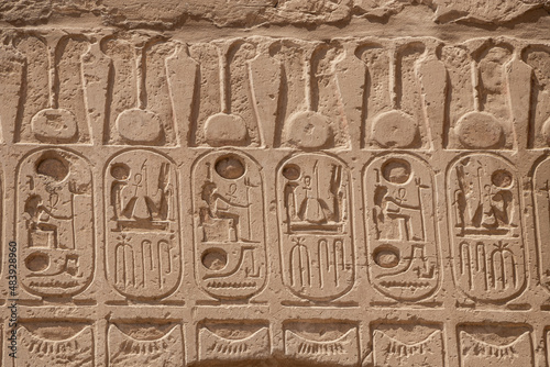 Ancient egyptian hieroglyphs carved on the stone wall in the Karnak Temple, Luxor, Egypt