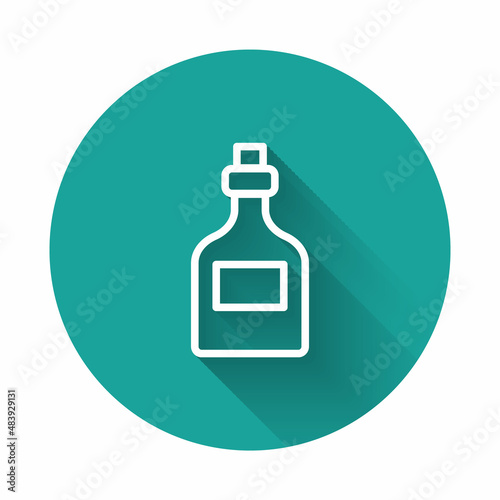 White line Alcohol drink Rum bottle icon isolated with long shadow background. Green circle button. Vector