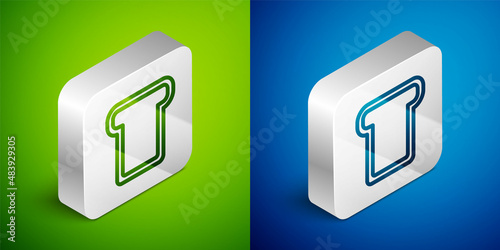 Isometric line Bread toast for sandwich piece of roasted crouton icon isolated on green and blue background. Lunch, dinner, breakfast snack. Silver square button. Vector