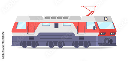 Retro electric train locomotive isometric vector illustration. Speed railway automated transportation fast electricity engine isolated. Public passenger or cargo transport service travel technology photo