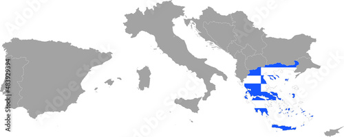 Map of Greece with national flag within the gray map of South Europe