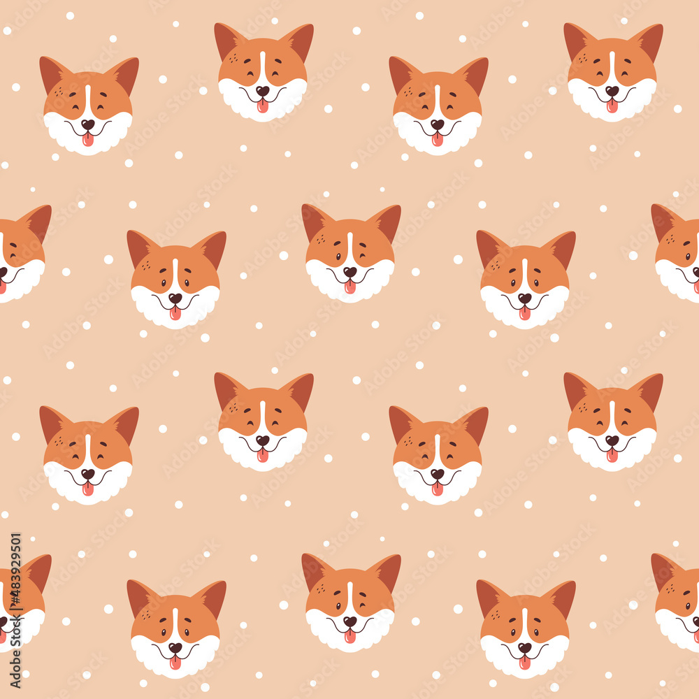 Corgi seamless pattern. Cute smiling welsh corgi faces and polka dot background. Happy dog characters. Vector illustration.