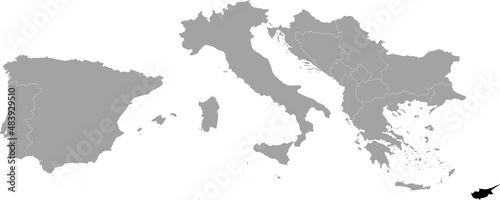 Black Map of Cyprus within the gray map of South Europe