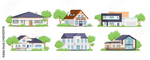 Countryside houses exterior street neighborhood collection isometric vector illustration. Suburban luxury cottage residential building facades with garden yard summer plants area, balcony, garage