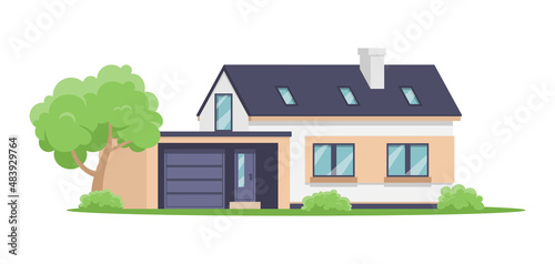Modern two storey countryside house with garage and attic isometric vector illustration. Contemporary comfortable family dwelling suburb street neighborhood with summer green garden park yard lawn
