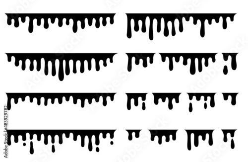 Black dripping elements. Drop melt ink, melted flows. Liquid graffiti, isolated fluid borders. Sauce or sweet chocolate decent vector set
