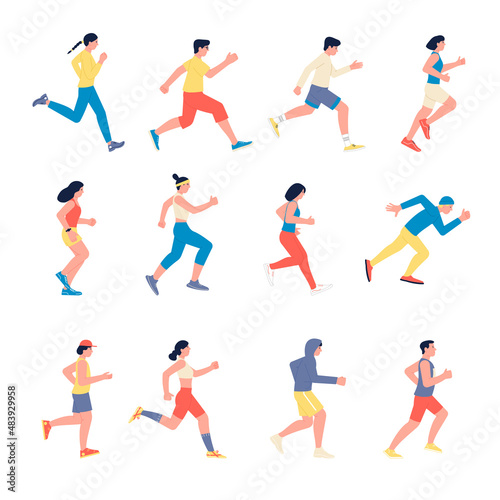 Running athletes characters. Outdoor training  runner people. Isolated athletic person  marathon jogging cartoon men and women. Funny characters in sportswear  recent vector set
