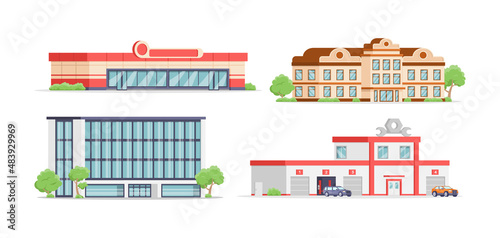 Modern municipal building facade service collection isometric vector illustration. Set customers maintenance city architecture exterior supermarket, school college university, office, car renovation