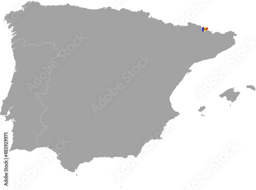 Map of Andorra with national flag within the gray map of Iberian peninsula