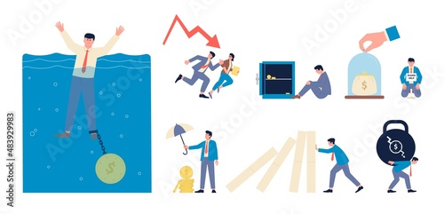 Financial crisis. Economic bankruptcy, leader decline and business problems. Graphic push down, managers and finance need help, recent vector scenes