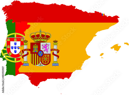 Map of Iberian peninsula countries with national flag