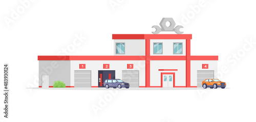 Automobile repair service building exterior isometric vector illustration. Car maintenance mechanic diagnostic center garage isolated. Business commercial architecture facade with assistance equipment
