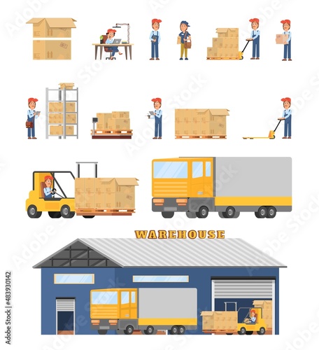 Flat warehouse. Logistics operator, wholesale and business storage. Factories pallets rack, transporting service. Industrial cargo delivery decent vector set