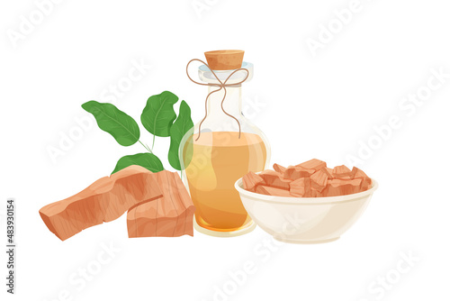 Sandal oil in bottle with wooden cork and rope, powdered Sandalwood and leaves in cartoon style isolated on white background. Ayurveda therapy ingredient 