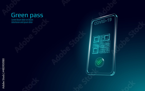 COVID-19 Green Pass QR-code 3D concept. Phone app screen health passport mobile app certificate. Safe travel coronavirus immunization poster vector illustration
