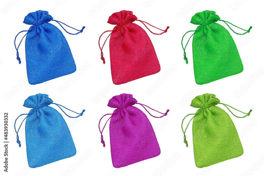 Set of small burlap bags isolated in pure white background Set of small burlap bags isolated in pure white background