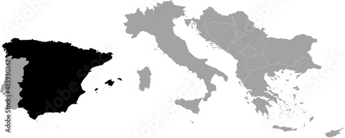 Black Map of Spain within the gray map of South Europe