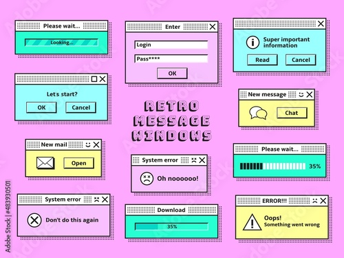 Retro message windows. Pc vintage hipster mail cloud, 1990s technology messages interface elements. Trendy old computer browser tidy template vector kit