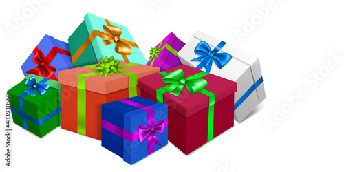 Vector illustration with bunch of colored gift boxes with ribbons and bows on white background