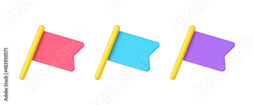 Collection red, blue and purple flag pushpin for location fixing 3d isometric vector illustration