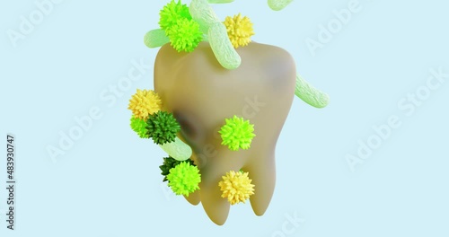 3d animation of tooth enamel protection in stages. The attack of bacteria, dirt, sticking to the tooth. hi-fi mesh surrounds the painter caries, treatment, restoration, whitening, lightening getting r photo