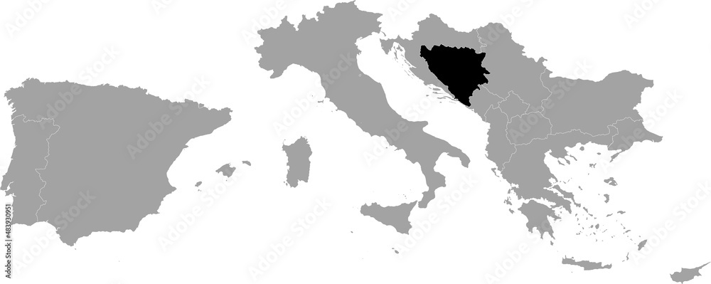 Black Map of Bosnia and Herzegovina within the gray map of South Europe