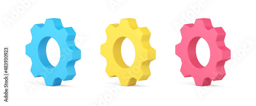 Collection multicolored machinery gear mechanism 3d template isometric vector illustration