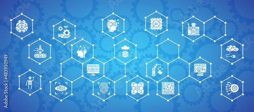 Artificial Intelligence website banner. Robotics, Chatbot, Database, Big Data illustration concept for business web banner, promotion cover design.