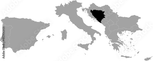 Black Map of Bosnia and Herzegovina within the gray map of South Europe