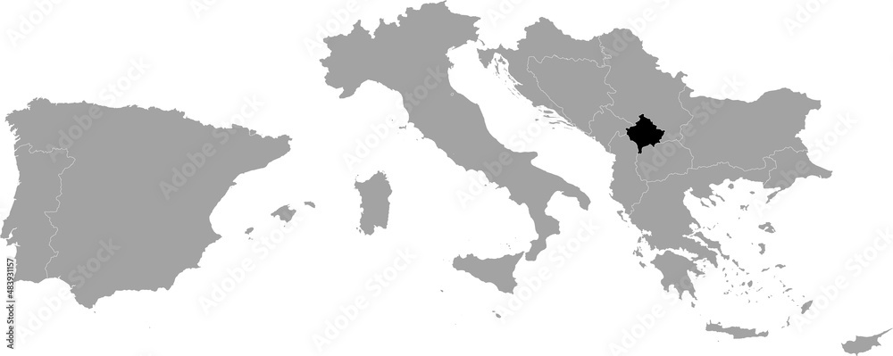 Black Map of Kosovo within the gray map of South Europe