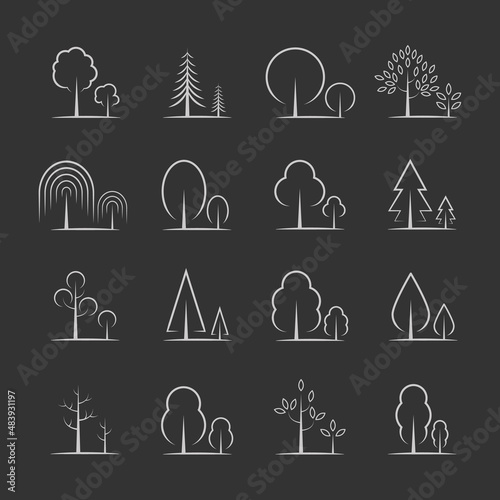 Trees and forests vector icon set on a dark background.