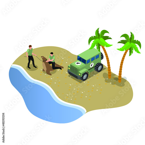 Volunteers taking seal back to the nature after rehab isometric 3d vector concept for banner, website, illustration, landing page, flyer, etc.
