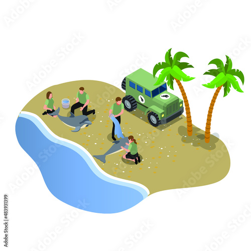 Volunteers taking dolphin back to the nature after rehab isometric 3d vector concept for banner, website, illustration, landing page, flyer, etc.