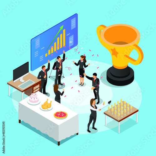 Office workers celebrating success isometric 3d vector concept for banner, website, illustration, landing page, flyer, etc.