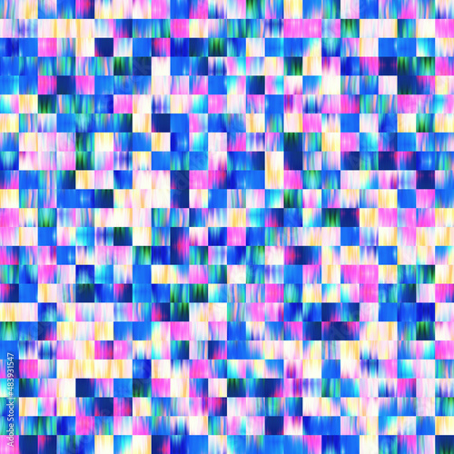 Optical low poly pixel grid dye blur texture background. Seamless washed out geometric ombre effect. 80s style retro square shape pattern. High resolution funky beach wear fashion textile tile.